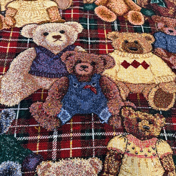 Vintage Teddy Bear Woven Blanket Tapestry Plaid Fringe Throw Cozy Decor - Picture 5 of 13